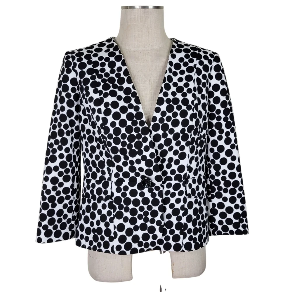 Kasper Peplum Blazer Women Size 6 White Black Polka Dot 1 Button 3/4 Sleeve Slit